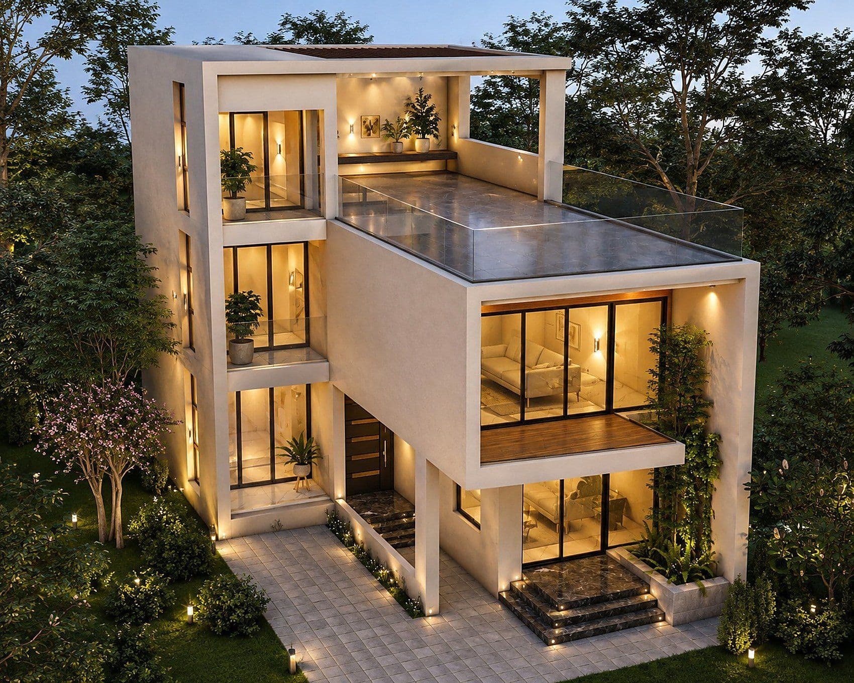 A contemporary residence designed by STEP DECOR, lit at dusk