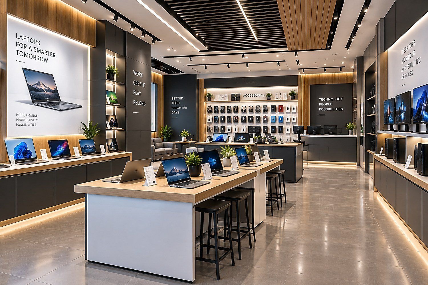 A computer showroom interior with illuminated displays
