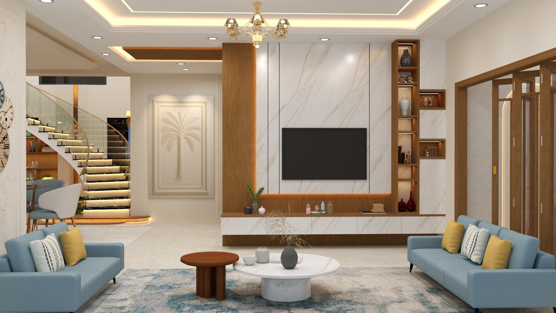 A duplex living room in a blue and gold palette