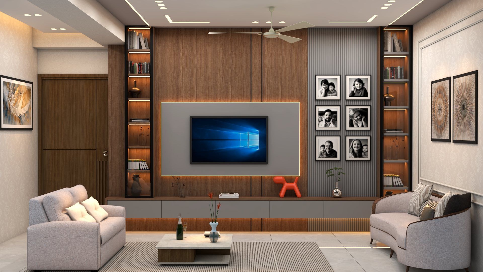 A living room with a custom TV wall and lit bookshelves