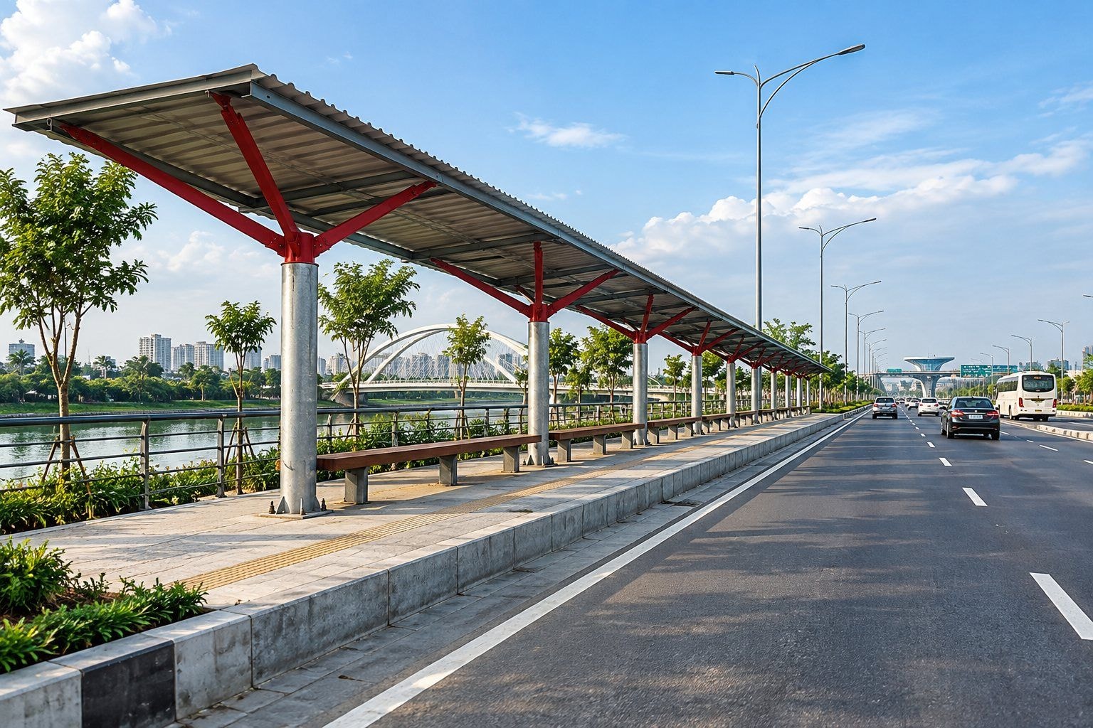Steel roadside shelters along an expressway