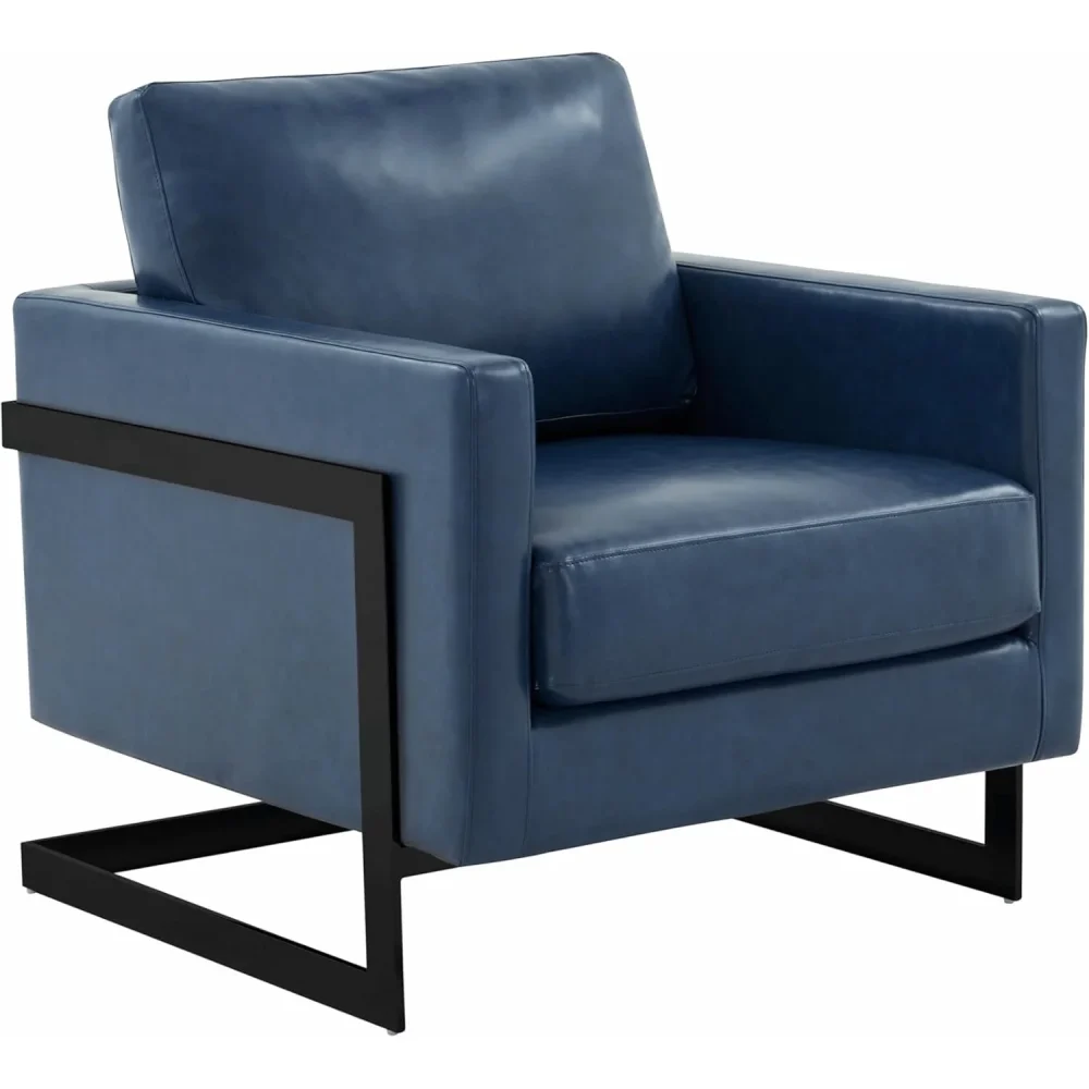 Modern Upholstered Leather Arm Chair with Black Steel Frame (Blue)